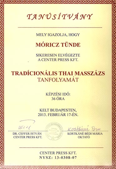 masszőr bizonyítvány - Móricz Tünde