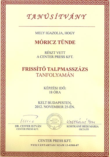 masszőr bizonyítvány - Móricz Tünde